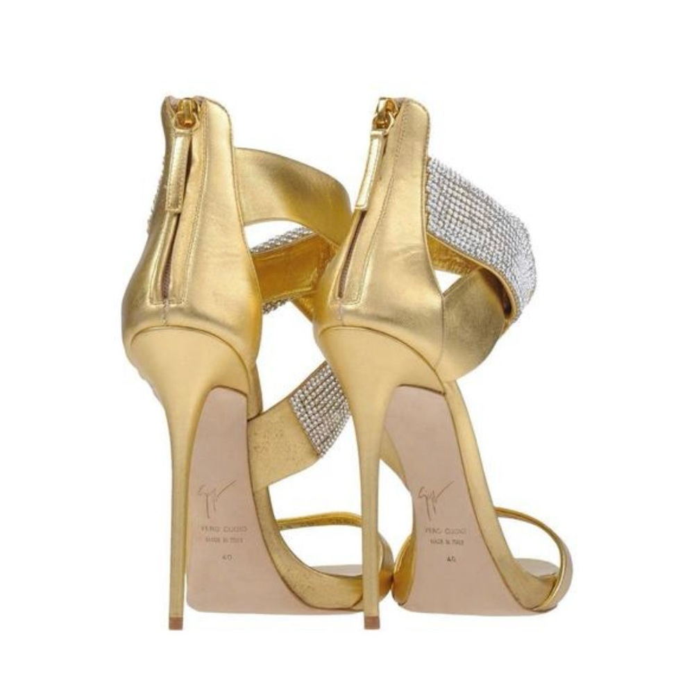 Giuseppe Zanotti Gold Leather Crystal Evening Heels Size 37 - Picture 4 of 10